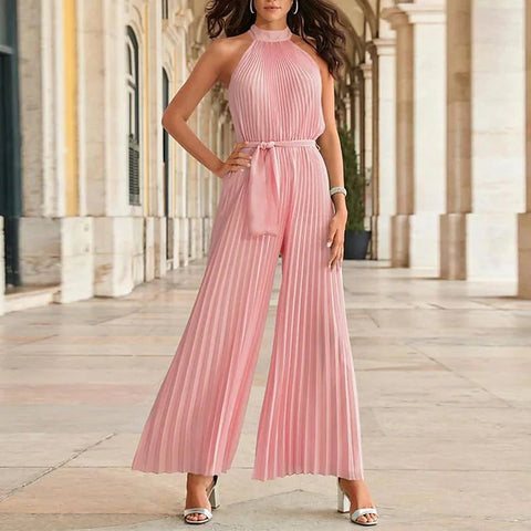 Summer Pleated Sexy Lace-up Sleeveless Halter neck Casual Loose Solid Wide-leg Jumpsuit CODE: KAR2068