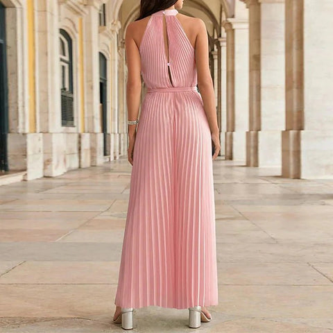 Summer Pleated Sexy Lace-up Sleeveless Halter neck Casual Loose Solid Wide-leg Jumpsuit CODE: KAR2068