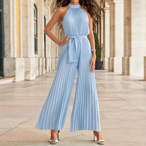 Summer Pleated Sexy Lace-up Sleeveless Halter neck Casual Loose Solid Wide-leg Jumpsuit CODE: KAR2068