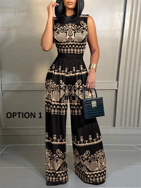 New Fashion Casual Geometric Print Sleeveless Wide Leg Jumpsuit CODE: KAR2074