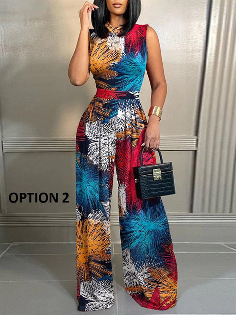 New Fashion Casual Geometric Print Sleeveless Wide Leg Jumpsuit CODE: KAR2074