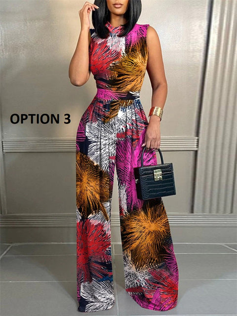 New Fashion Casual Geometric Print Sleeveless Wide Leg Jumpsuit CODE: KAR2074