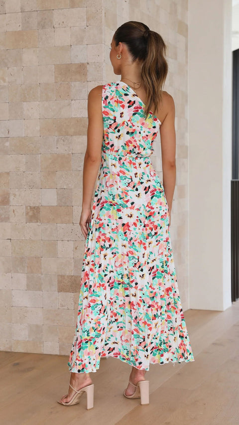 New Elegant One Shoulder Print Sleeveless Pleated A-line Long Dress CODE: KAR2075