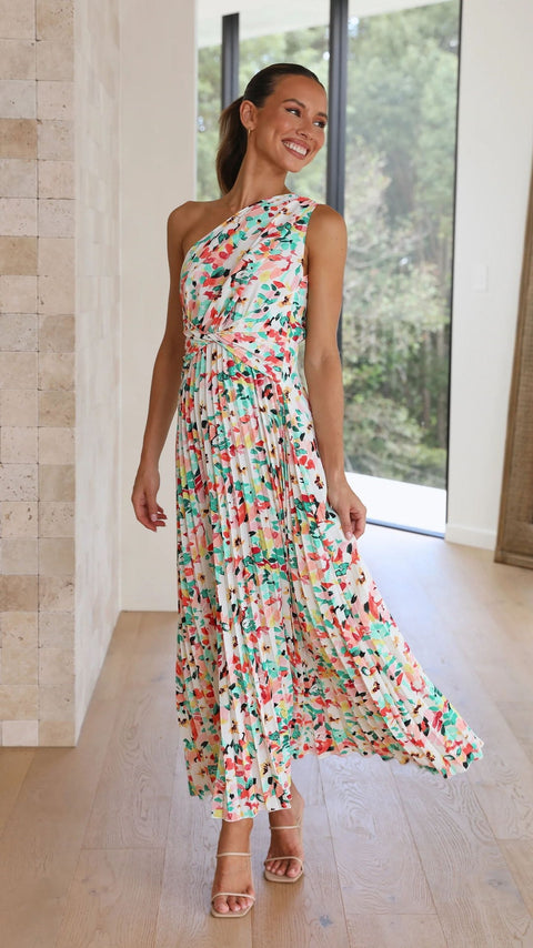 New Elegant One Shoulder Print Sleeveless Pleated A-line Long Dress CODE: KAR2075