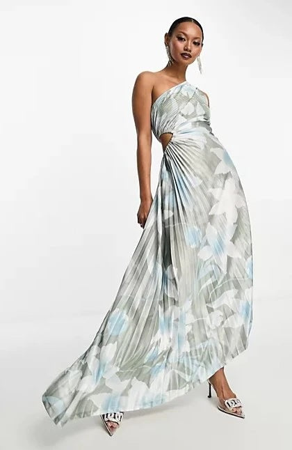 Sexy Sleeveless Pleated Hollow Out Diagonal Collar Maxi Dress CODE: READY1017