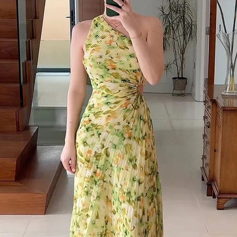 New Fashion Elegant One Shoulder Sleeveless Nipped Waist Pleated Cutout Printing Maxi Dress CODE: KAR2077