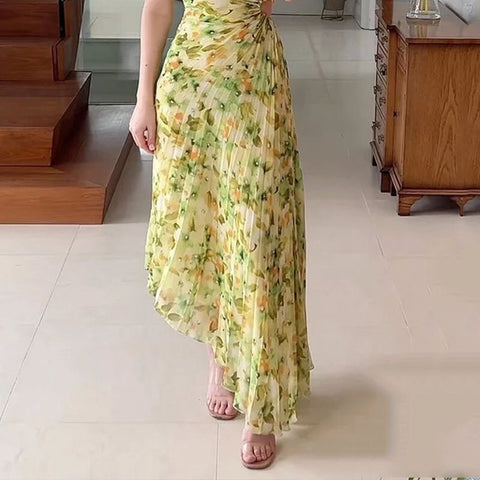 New Fashion Elegant One Shoulder Sleeveless Nipped Waist Pleated Cutout Printing Maxi Dress CODE: KAR2077