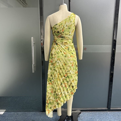 New Fashion Elegant One Shoulder Sleeveless Nipped Waist Pleated Cutout Printing Maxi Dress CODE: KAR2077