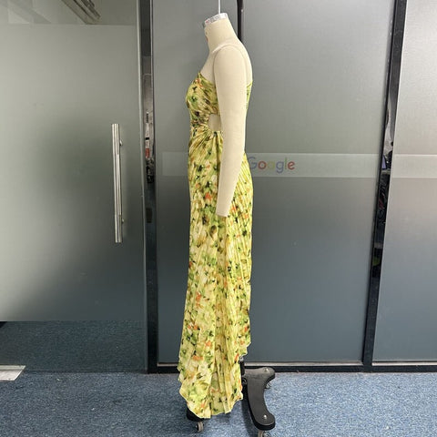 New Fashion Elegant One Shoulder Sleeveless Nipped Waist Pleated Cutout Printing Maxi Dress CODE: KAR2077