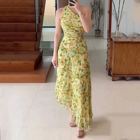 New Fashion Elegant One Shoulder Sleeveless Nipped Waist Pleated Cutout Printing Maxi Dress CODE: KAR2077