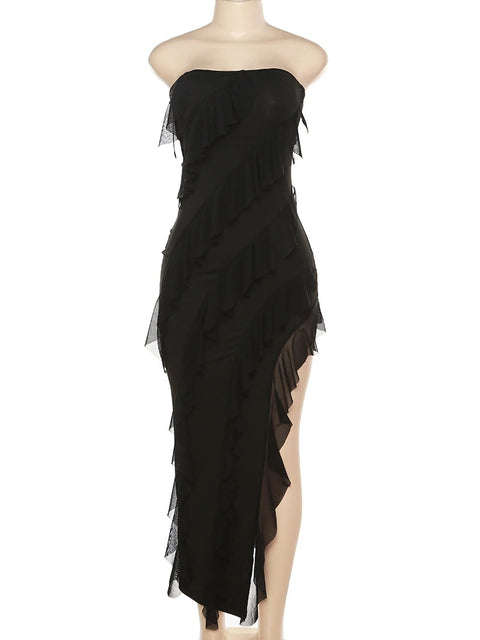 Mesh Ruffles Backless Off Shoulder Side Split Ruched Sleeveless Patchwork Wrapped Maxi Dress CODE: KAR2078