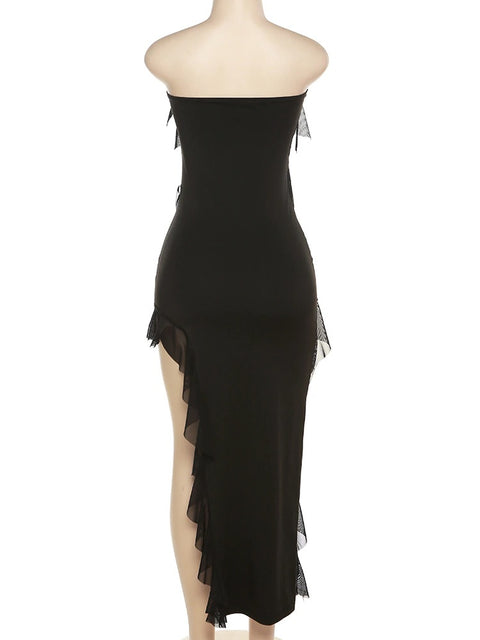 Mesh Ruffles Backless Off Shoulder Side Split Ruched Sleeveless Patchwork Wrapped Maxi Dress CODE: KAR2078