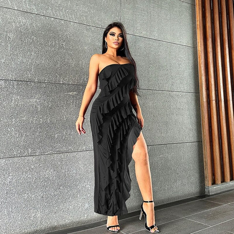 Mesh Ruffles Backless Off Shoulder Side Split Ruched Sleeveless Patchwork Wrapped Maxi Dress CODE: KAR2078