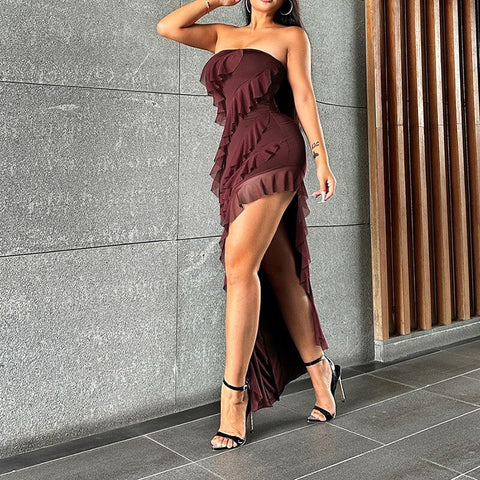 Mesh Ruffles Backless Off Shoulder Side Split Ruched Sleeveless Patchwork Wrapped Maxi Dress CODE: KAR2078