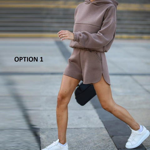 Autumn Winter Solid Color Long Sleeve Hoodie Two-piece Set CODE: KAR2083