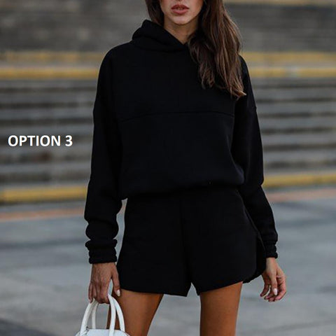 Autumn Winter Solid Color Long Sleeve Hoodie Two-piece Set CODE: KAR2083