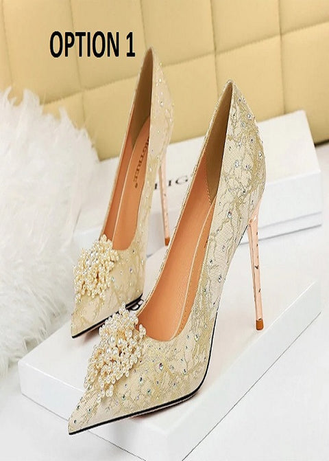 New Stiletto Pearl Flowers Pumps Rhinestone High Heel CODE: KAR2086