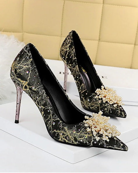 New Stiletto Pearl Flowers Pumps Rhinestone High Heel CODE: KAR2086