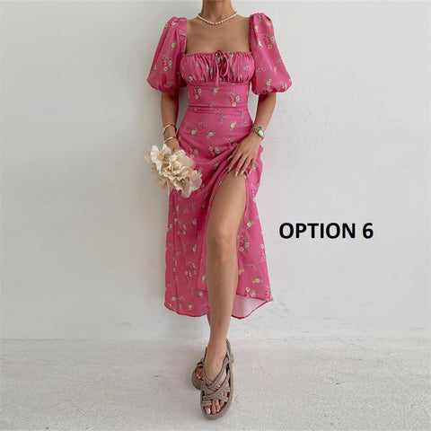Summer Elegant Floral Print Puff Short Sleeve Square Neck Tie Up High Split Wrap Dress CODE: KAR2088