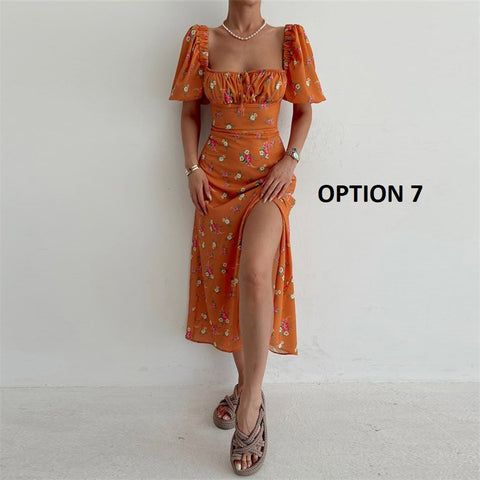 Summer Elegant Floral Print Puff Short Sleeve Square Neck Tie Up High Split Wrap Dress CODE: KAR2088