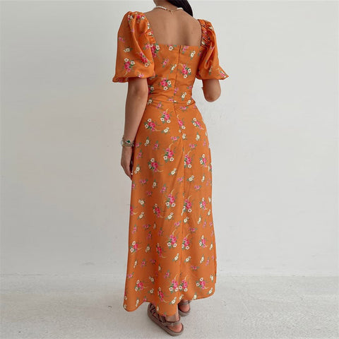 Summer Elegant Floral Print Puff Short Sleeve Square Neck Tie Up High Split Wrap Dress CODE: KAR2088