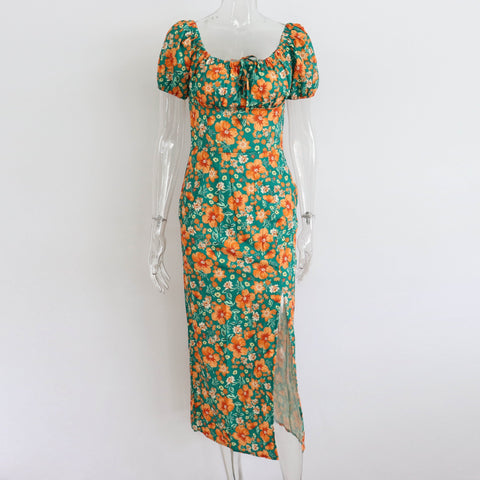 Summer Elegant Floral Print Puff Short Sleeve Square Neck Tie Up High Split Wrap Dress CODE: KAR2088