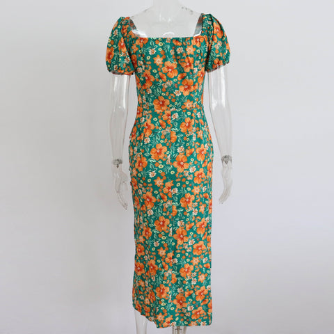 Summer Elegant Floral Print Puff Short Sleeve Square Neck Tie Up High Split Wrap Dress CODE: KAR2088