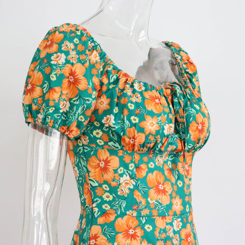 Summer Elegant Floral Print Puff Short Sleeve Square Neck Tie Up High Split Wrap Dress CODE: KAR2088