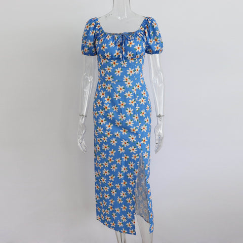 Summer Elegant Floral Print Puff Short Sleeve Square Neck Tie Up High Split Wrap Dress CODE: KAR2088