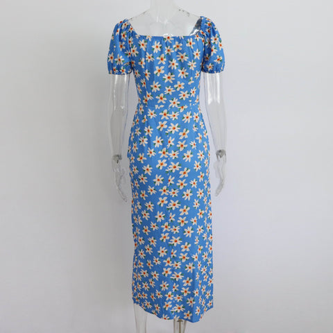 Summer Elegant Floral Print Puff Short Sleeve Square Neck Tie Up High Split Wrap Dress CODE: KAR2088