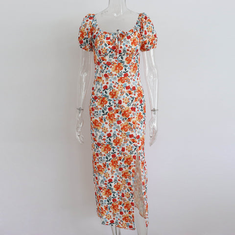Summer Elegant Floral Print Puff Short Sleeve Square Neck Tie Up High Split Wrap Dress CODE: KAR2088