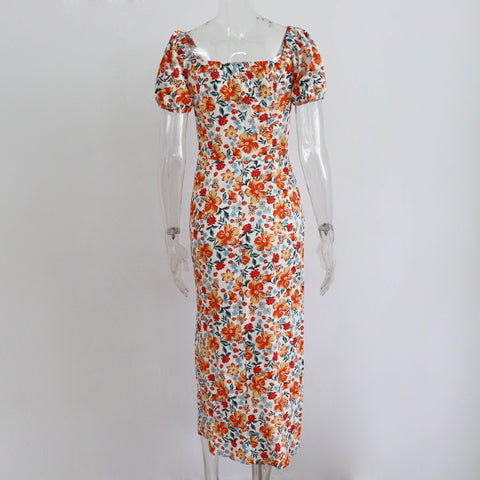 Summer Elegant Floral Print Puff Short Sleeve Square Neck Tie Up High Split Wrap Dress CODE: KAR2088