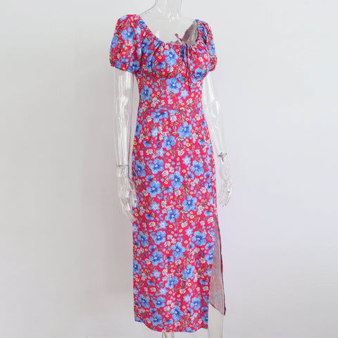 Summer Elegant Floral Print Puff Short Sleeve Square Neck Tie Up High Split Wrap Dress CODE: KAR2088