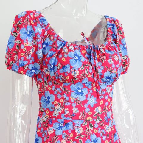 Summer Elegant Floral Print Puff Short Sleeve Square Neck Tie Up High Split Wrap Dress CODE: KAR2088