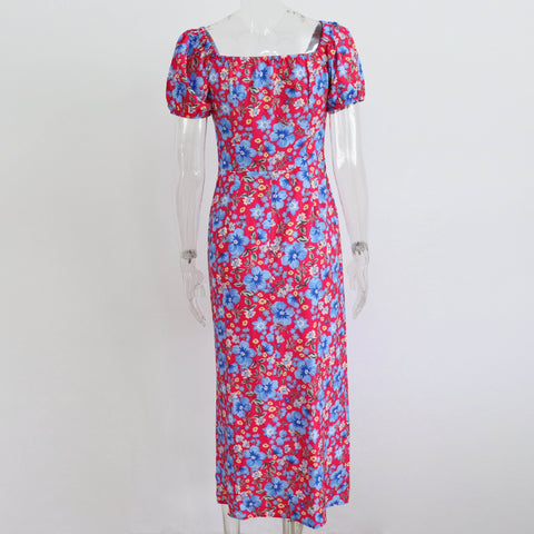 Summer Elegant Floral Print Puff Short Sleeve Square Neck Tie Up High Split Wrap Dress CODE: KAR2088