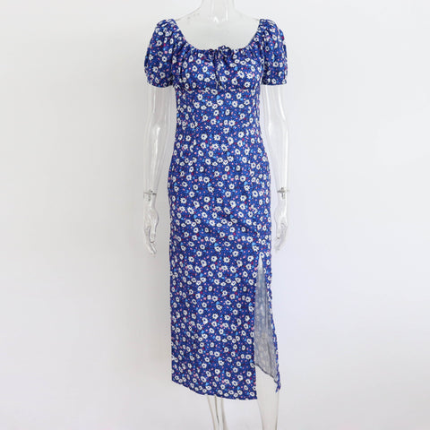 Summer Elegant Floral Print Puff Short Sleeve Square Neck Tie Up High Split Wrap Dress CODE: KAR2088