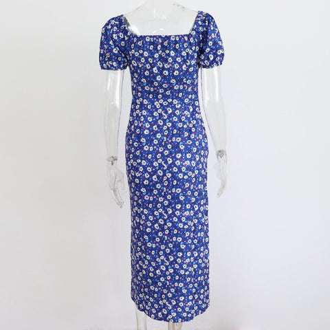 Summer Elegant Floral Print Puff Short Sleeve Square Neck Tie Up High Split Wrap Dress CODE: KAR2088