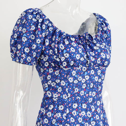 Summer Elegant Floral Print Puff Short Sleeve Square Neck Tie Up High Split Wrap Dress CODE: KAR2088