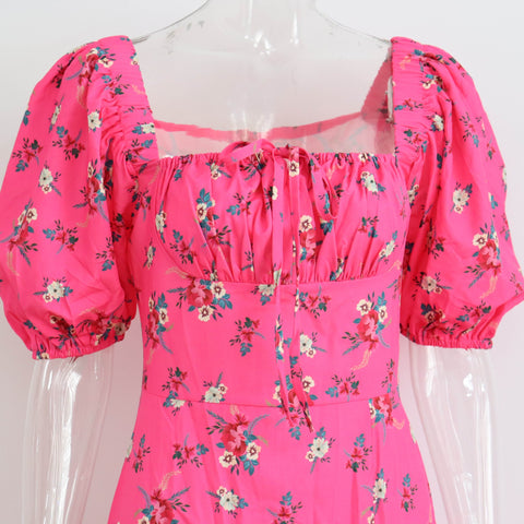 Summer Elegant Floral Print Puff Short Sleeve Square Neck Tie Up High Split Wrap Dress CODE: KAR2088