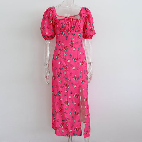 Summer Elegant Floral Print Puff Short Sleeve Square Neck Tie Up High Split Wrap Dress CODE: KAR2088