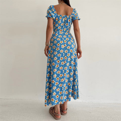 Summer Elegant Floral Print Puff Short Sleeve Square Neck Tie Up High Split Wrap Dress CODE: KAR2088