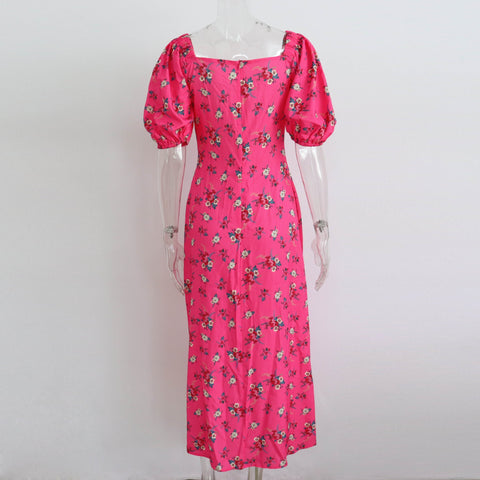 Summer Elegant Floral Print Puff Short Sleeve Square Neck Tie Up High Split Wrap Dress CODE: KAR2088