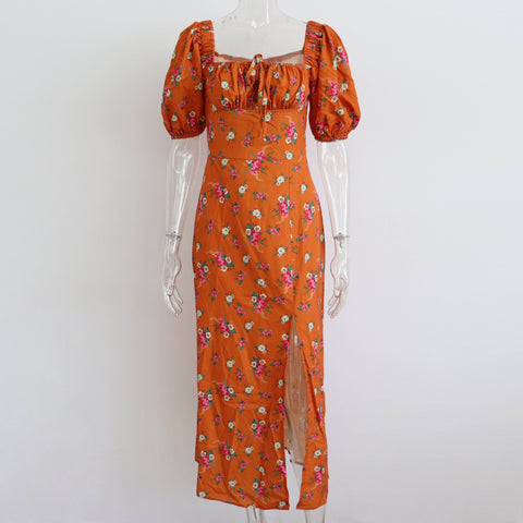 Summer Elegant Floral Print Puff Short Sleeve Square Neck Tie Up High Split Wrap Dress CODE: KAR2088
