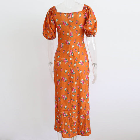 Summer Elegant Floral Print Puff Short Sleeve Square Neck Tie Up High Split Wrap Dress CODE: KAR2088