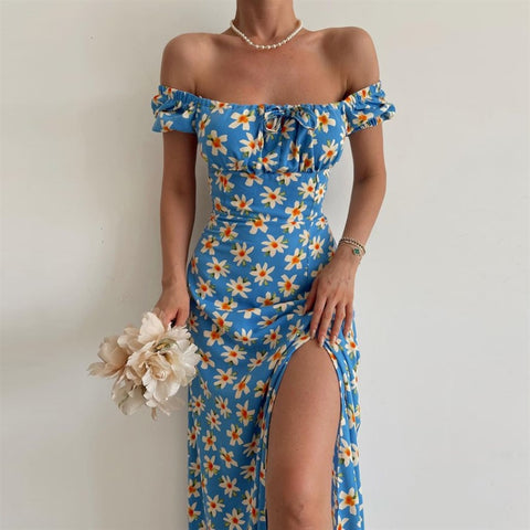 Summer Elegant Floral Print Puff Short Sleeve Square Neck Tie Up High Split Wrap Dress CODE: KAR2088