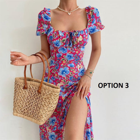 Summer Elegant Floral Print Puff Short Sleeve Square Neck Tie Up High Split Wrap Dress CODE: KAR2088