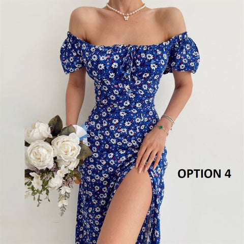 Summer Elegant Floral Print Puff Short Sleeve Square Neck Tie Up High Split Wrap Dress CODE: KAR2088
