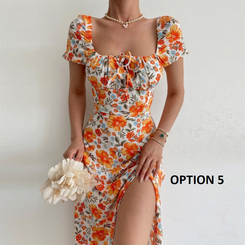 Summer Elegant Floral Print Puff Short Sleeve Square Neck Tie Up High Split Wrap Dress CODE: KAR2088