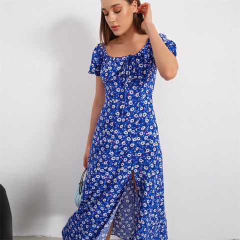 Summer Elegant Floral Print Puff Short Sleeve Square Neck Tie Up High Split Wrap Dress CODE: KAR2088
