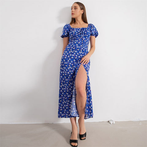 Summer Elegant Floral Print Puff Short Sleeve Square Neck Tie Up High Split Wrap Dress CODE: KAR2088